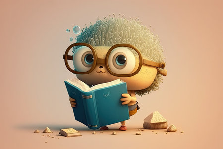 cute cartoon character with book in hand, reading and learning new things, created with generative aiの素材