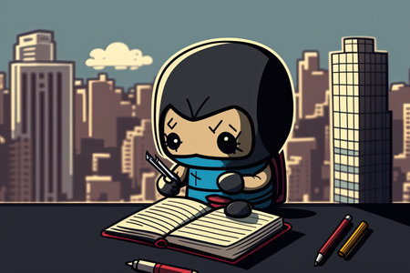 cute cartoon character writing down important information on notebook, with view of city skyline in the background, created with generative aiの素材