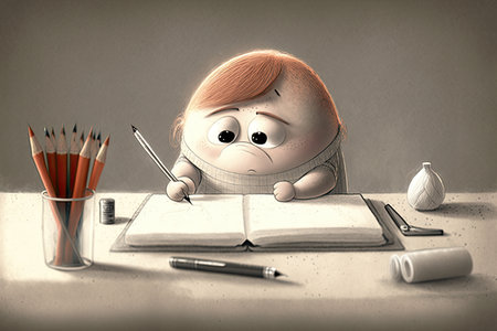 cute cartoon character sitting at desk, drawing with pencil, created with generative aiの素材
