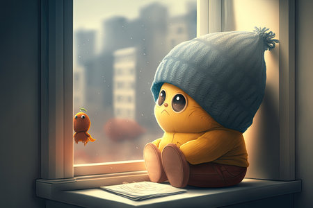 cute cartoon character sitting on windowsill, drawing the view outside, created with generative aiの素材