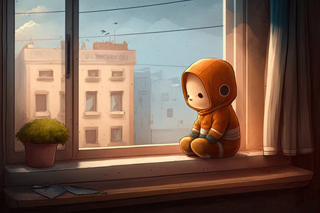 cute cartoon character sitting on windowsill, drawing the view outside, created with generative aiの素材