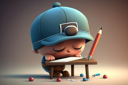 cute cartoon character wearing cap and holding pencil, completing homework, created with generative aiの素材