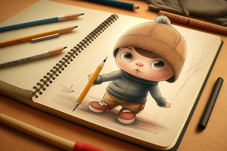 cute cartoon character grabbing pencil and sketchbook, ready to create amazing drawings, created with generative aiの素材