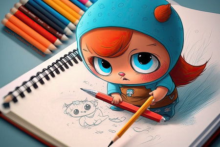 cute cartoon character grabbing pencil and sketchbook, ready to create amazing drawings, created with generative aiの素材