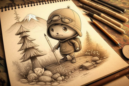 cute cartoon character, with pencil and paper, drawing beautiful landscape, created with generative aiの素材