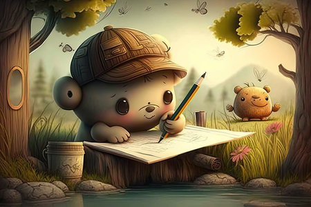 cute cartoon character, with pencil and paper, drawing beautiful landscape, created with generative aiの素材