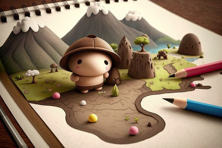 cute cartoon character, with pencil and paper, drawing beautiful landscape, created with generative aiの素材