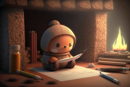cute cartoon character with pencil and paper, drawing of a cozy fireplace, created with generative aiの素材