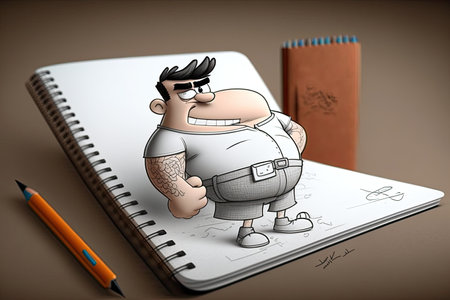 cute cartoon character with sketch pad and pencil, drawing of other cartoon characters, created with generative aiの素材