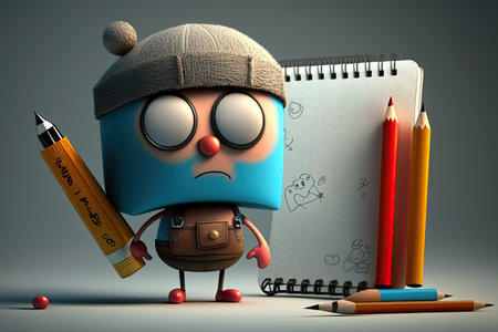 cute cartoon character with sketch pad and pencil, drawing of other cartoon characters, created with generative aiの素材