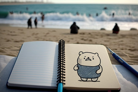 cute cartoon character writing on notebook, with view of the beach in the background, created with generative aiの素材