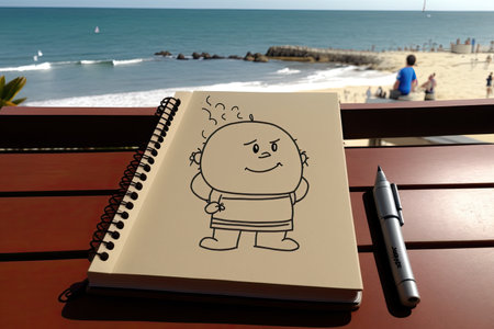 cute cartoon character writing on notebook, with view of the beach in the background, created with generative aiの素材