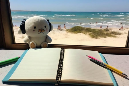 cute cartoon character writing on notebook, with view of the beach in the background, created with generative aiの素材