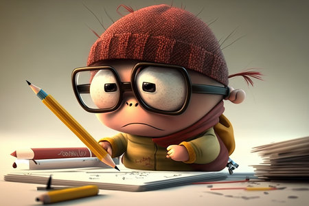 cute cartoon character doing homework, with pencil and paper in hand, created with generative aiの素材