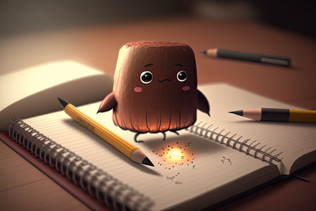 cute character doodling in notebook, with pencil flying across page, created with generative aiの素材