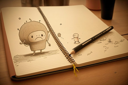 cute character doodling in notebook, with pencil flying across page, created with generative aiの素材
