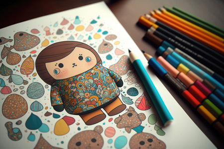 cute cartoon character drawing colorful and intricate pattern on paper, created with generative aiの素材