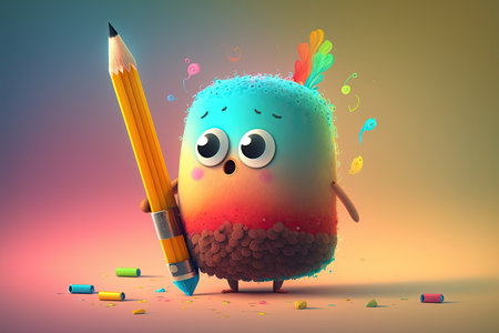 cute character with pencil in hand, drawing on colorful background, created with generative aiの素材