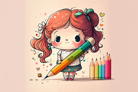 cute character with pencil in hand, drawing on colorful background, created with generative aiの素材