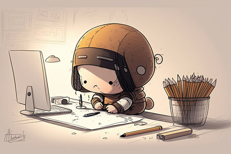 cute cartoon character sitting at desk, sketching new idea, created with generative aiの素材