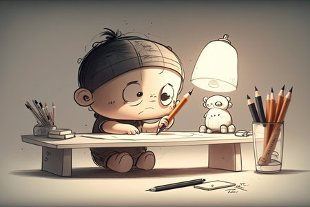 cute cartoon character sitting at desk, sketching new idea, created with generative aiの素材