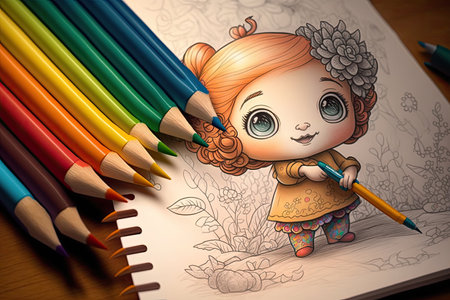 cute cartoon character using pencil to fill in coloring book page with vibrant colors, created with generative aiの素材