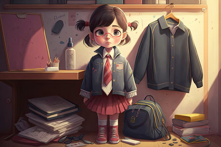 cute cartoon character wearing school uniform, getting ready for the day, created with generative aiの素材
