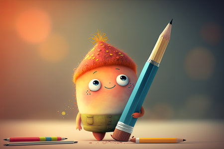 cute cartoon character holding pencil, drawing colorful and whimsical scene, created with generative aiの素材