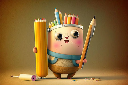 cute cartoon character holding pencil, drawing colorful and whimsical scene, created with generative aiの素材
