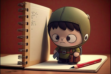 cute cartoon character writing in notebook, with pencil and pen in hand, created with generative aiの素材