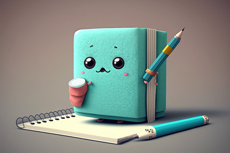 cute cartoon character writing in notebook, with pencil and pen in hand, created with generative aiの素材
