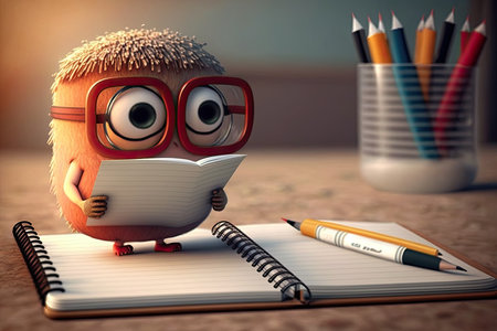 cute cartoon character writing in notebook, with pencil and pen in hand, created with generative aiの素材