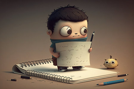 cute cartoon character writing in notebook, with pencil and pen in hand, created with generative aiの素材