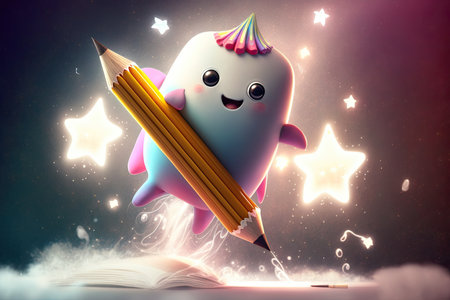 cute cartoon character flying on magic pencil through magical world, created with generative aiの素材