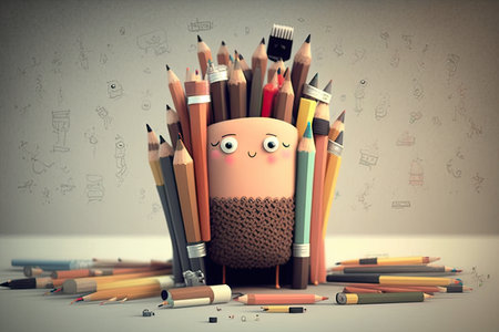 cute cartoon character person, surrounded by different kinds of pencils and pens, created with generative aiの素材