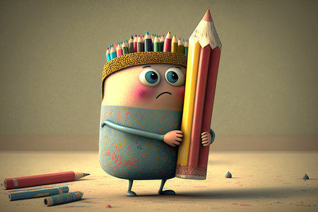 cute cartoon character receiving surprise gift of pencils and erasers, created with generative aiの素材