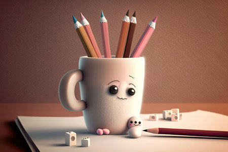 cute cartoon character with pencil drawing of cup of hot chocolate and marshmallows for the holidays, created with generative aiの素材