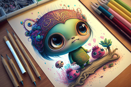 adorable cartoon character drawing colorful and intricate masterpiece, created with generative aiの素材