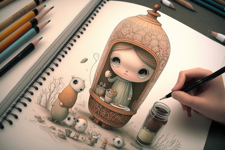 cute cartoon character drawing a detailed and intricate illustration, created with generative aiの素材