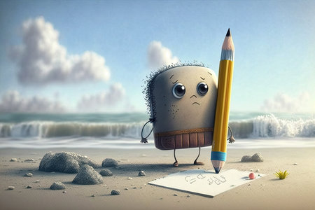 cute cartoon character with pencil, drawing beautiful landscape, created with generative aiの素材
