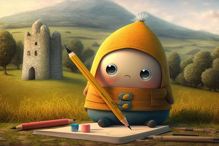 cute cartoon character with pencil, drawing beautiful landscape, created with generative aiの素材