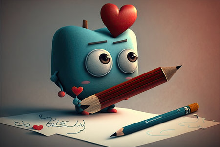 cute cartoon character, with pencil and sheet of paper, drawing love heart, created with generative aiの素材