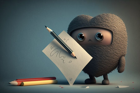 cute cartoon character, with pencil and sheet of paper, drawing love heart, created with generative aiの素材