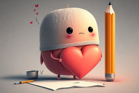 cute cartoon character, with pencil and sheet of paper, drawing love heart, created with generative aiの素材