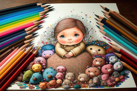 cute character with colorful pencils, drawing intricate and intricate drawing, created with generative aiの素材