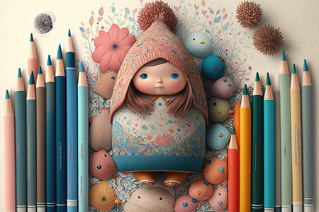 cute character with colorful pencils, drawing intricate and intricate drawing, created with generative aiの素材