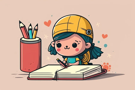 cute cartoon character with pencil and notebook, taking notes on important information, created with generative aiの素材