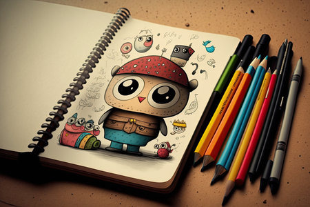cute cartoon character with pencil, drawing in notebook full of colorful drawings, created with generative aiの素材