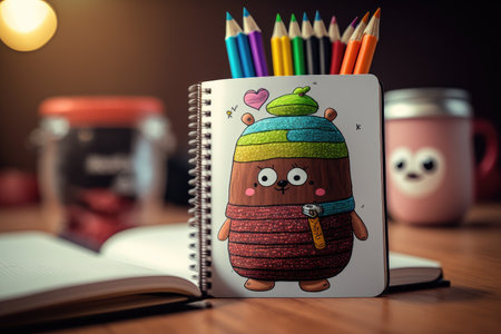 cute cartoon character with pencil, drawing in notebook full of colorful drawings, created with generative aiの素材