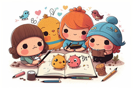 group of cute characters drawing together, sharing creative process, created with generative aiの素材